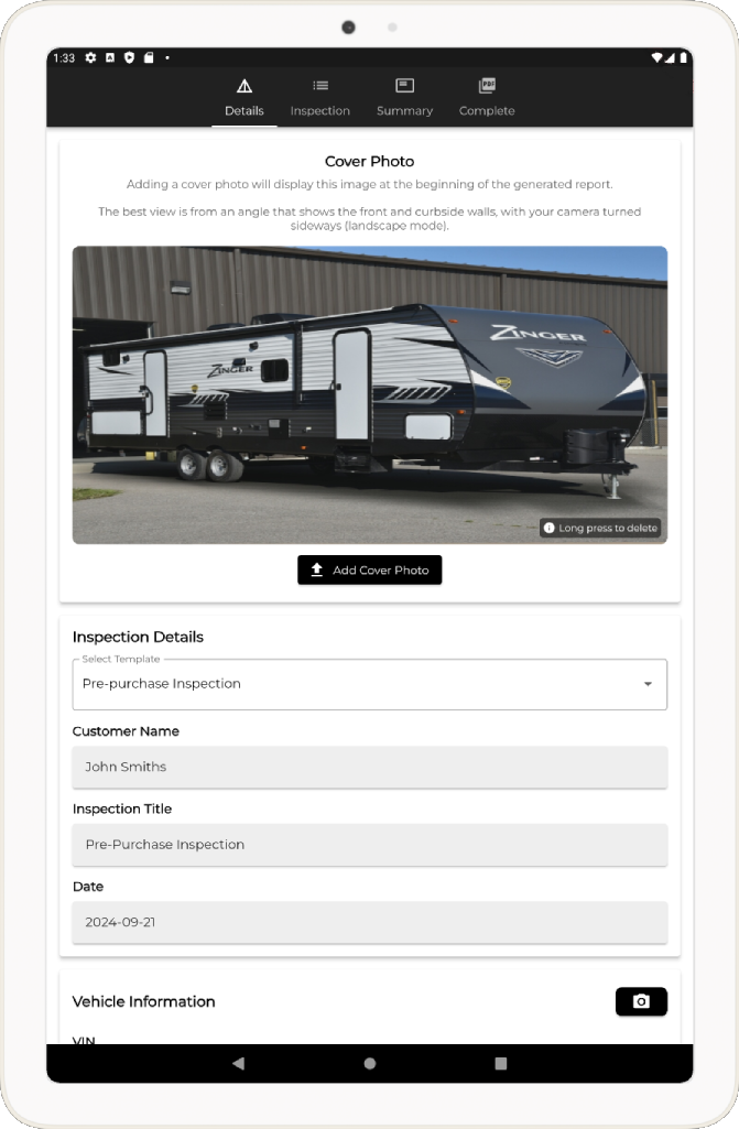 WanderWise RV inspection app showing an inspection details screen with a travel trailer cover photo