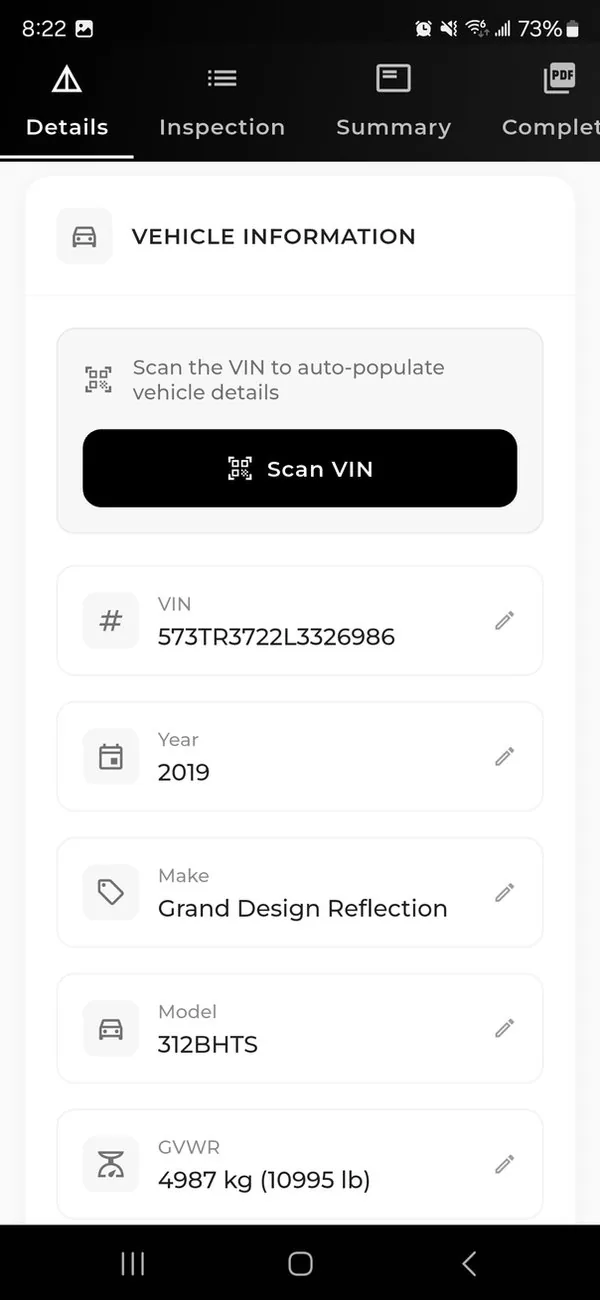 WanderWise mobile app scanning a VIN tag to record RV specifications